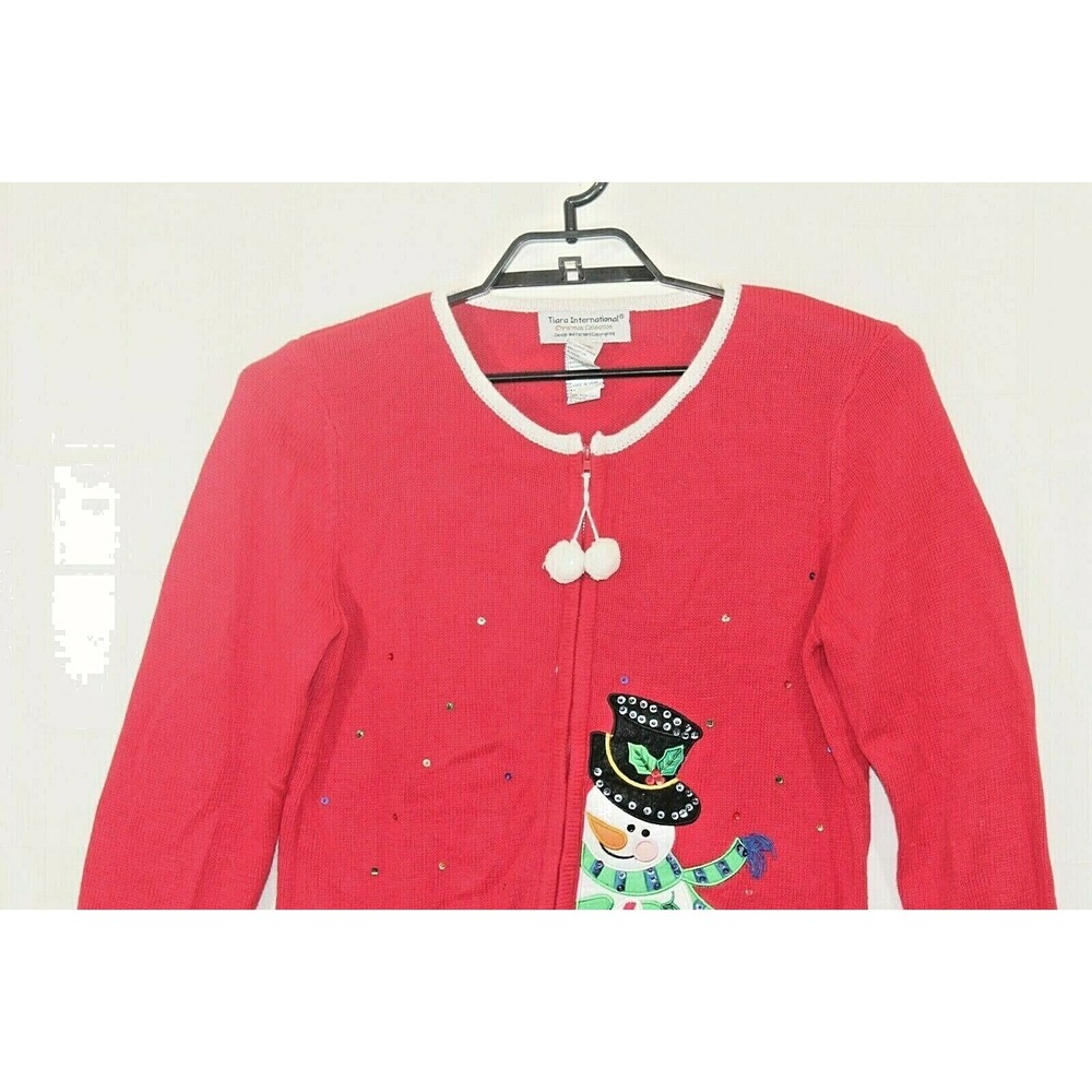 Tiara Intl Red Christmas Cardigan Snowman Full Zip Ugly Sweater Women’s M - Picture 3 of 4
